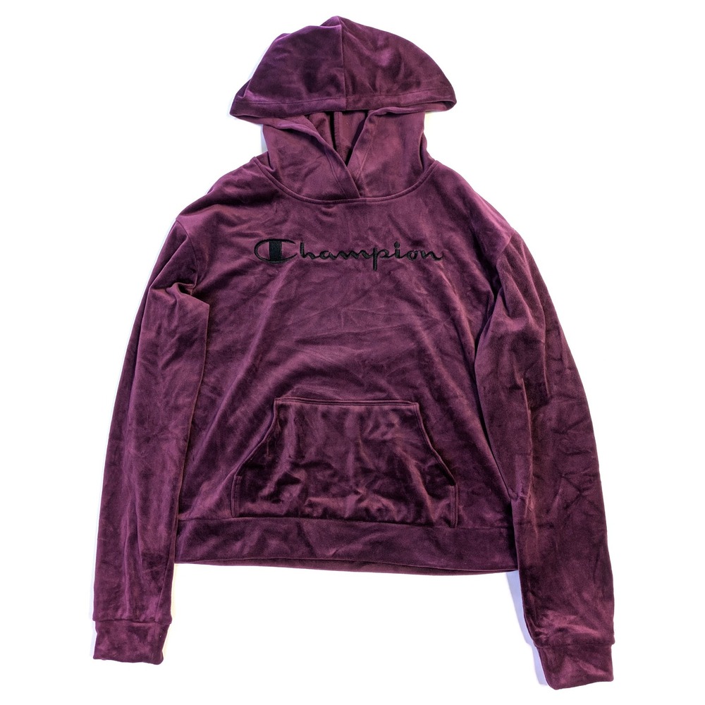 Champion Womens Velour Hoodie Plum Purple Script Logo Sweatshirt Small